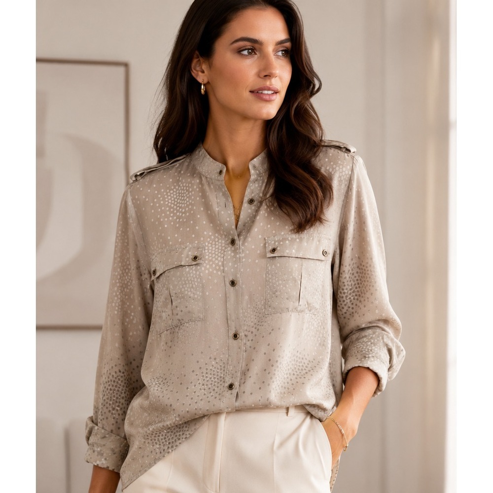 Club Monaco Beige 100% Silk Dot Utility Blouse L Polka Dot Button Front Pocket
